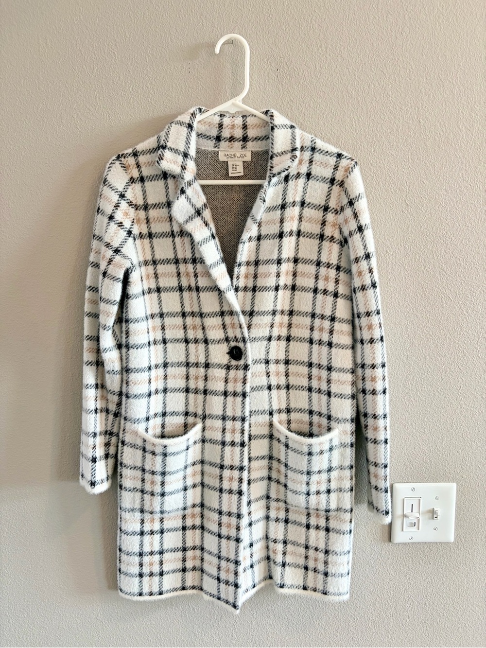 Rachel Zoe White Plaid Single-Button Pea Coat XS